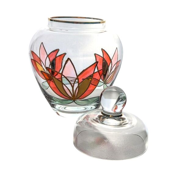 Vintage Lotus Art Glass Jar: Hand-Painted Floral Lidded Bowl - Picture 5 of 6